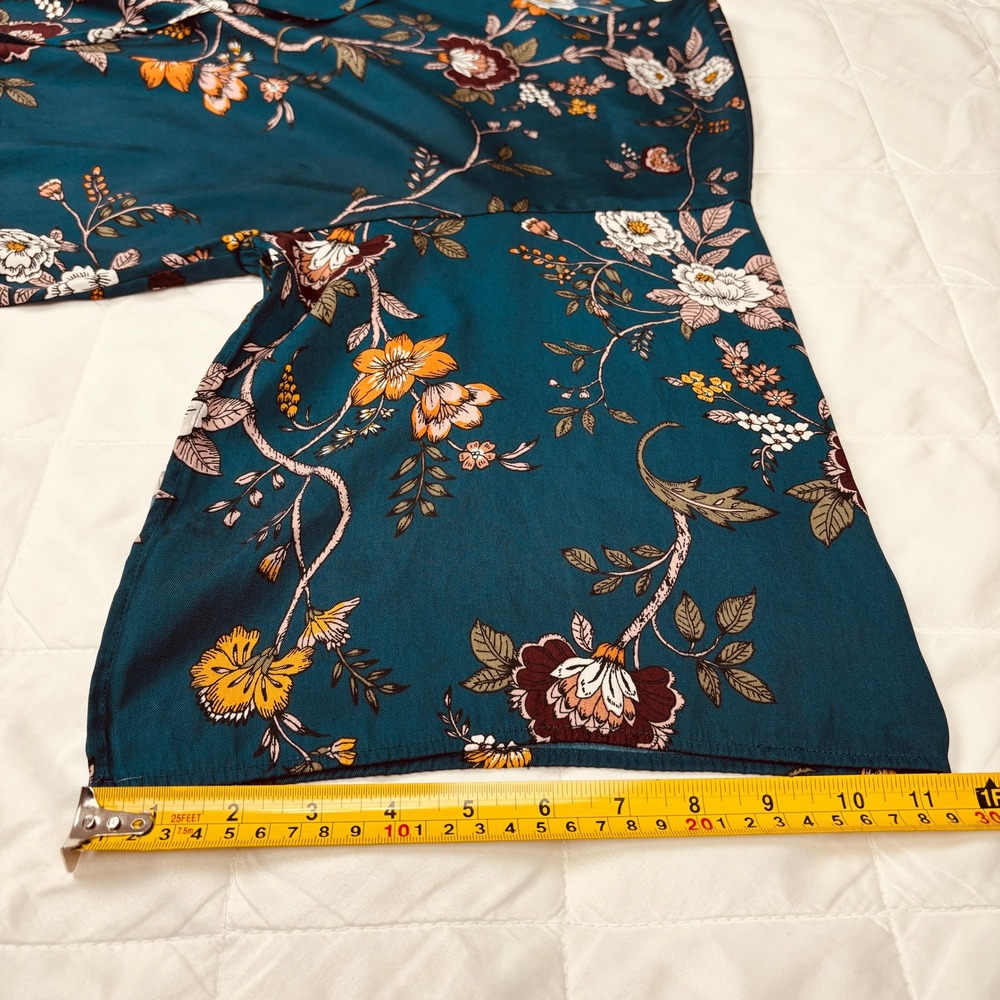 Maurices Floral Bell Sleeve Blouse Teal Tie Neck Button Front Women's‎ 2 - Picture 12 of 13